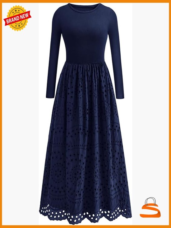 Dresses & Skirts - Women's Long Sleeve Maxi Dress A-Line Boho Eyelet Cotton Blend Pockets